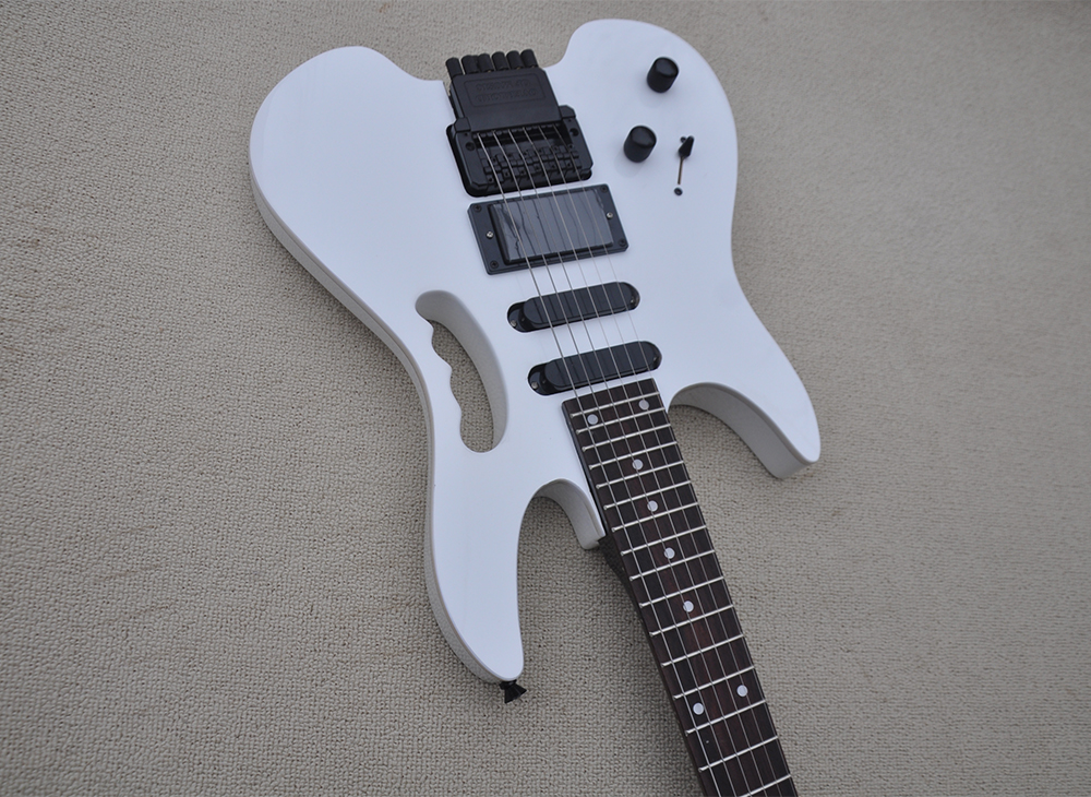 フロイドローズローズウッドフレットボードと左利きの白いヘッドレスエレクトリックギターは、リクエストとしてカスタマイズできます