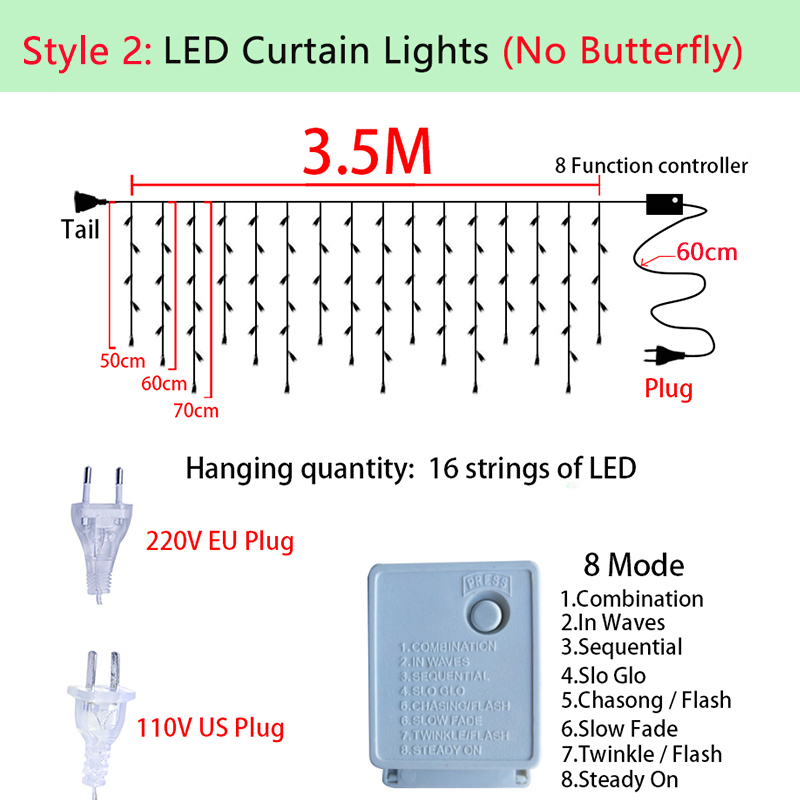 Decorazioni natalizie 3.5m Farfalla LED Luci tende Ghirlanda Stringa Fata le vacanze Festa di nozze Decorazione la casa 221109