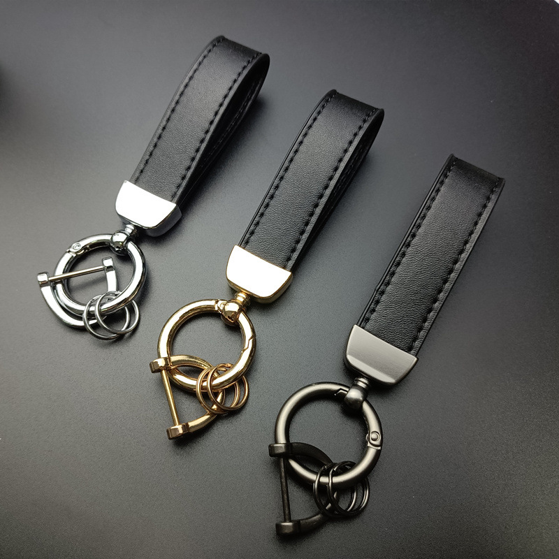 Fashionable leather car keychain Customizable keychain Premium keychains Metal ring Creative key chain Pure black Classic