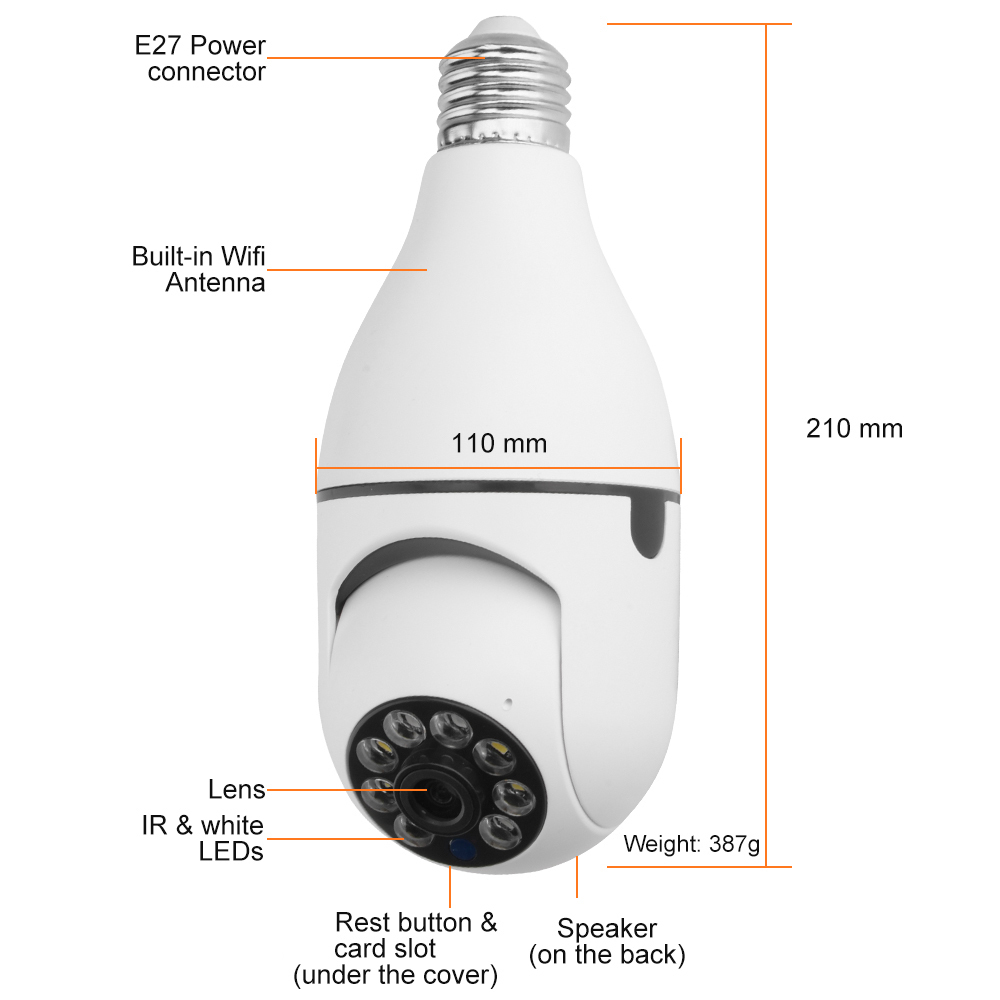 Câmeras de cúpula 360 ° Panorâmico Wi -Fi Bulbo de lâmpada CAM PTZ PTZ Camera Night Vision Motion Detecção de movimento inteligente Proteção de segurança doméstica webcam 221108