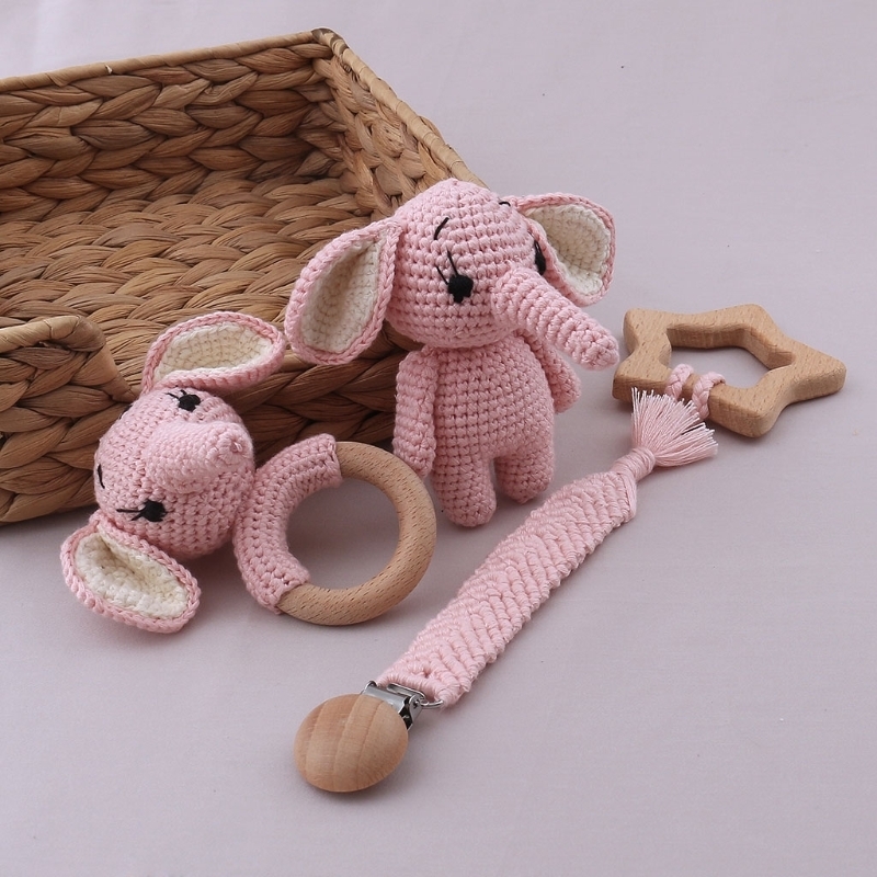 Baby Teethers Toys DIY Crochet Rabbit Teether born Bunny Rattle Toy Wooden Molar Teething Ring Pacifier Clips Chain Stuff 221109