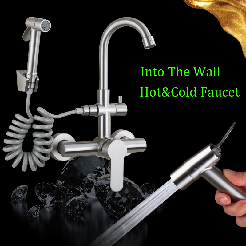 Kitchen Faucets Onyzpily Brushed Nickel 304 stainless steel Sink Faucet Mixer Tap Stream Sprayer Head Wall Installation 221109