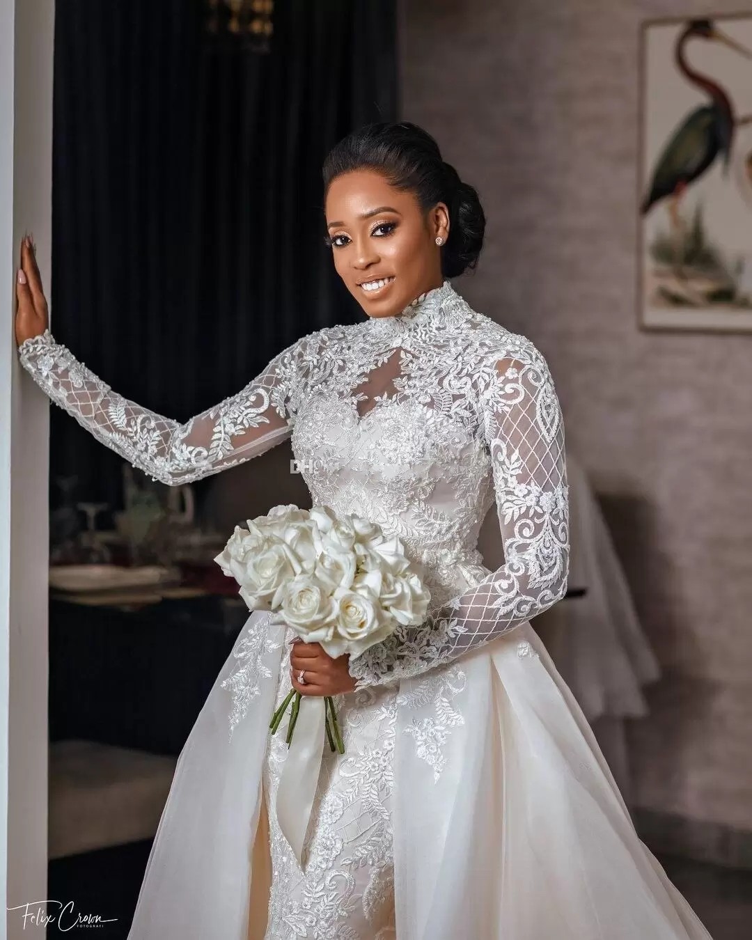 Robes de mariée sirène en dentelle gracieuse 2023 col haut, plus la taille robes de mariée avec surjupes manches longues tulle robe De Novia BC242v