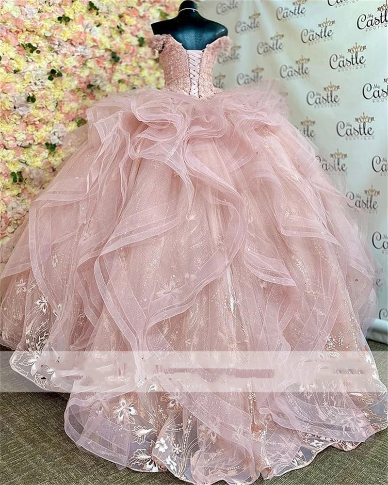 2023 Pink Ball Gown Quinceanera Dresses Beaded Flowers Appliques Off Shoulder Tulle Sequined Sweet 15 16 Dress XV Party Wear