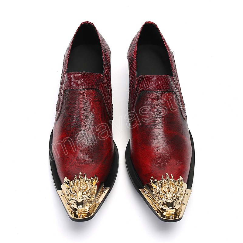 Fashion Golden Metal Toe Geothe Le cuir robe Shoes Men Handmade Men's Wine Red Party and Wedding Chaussures