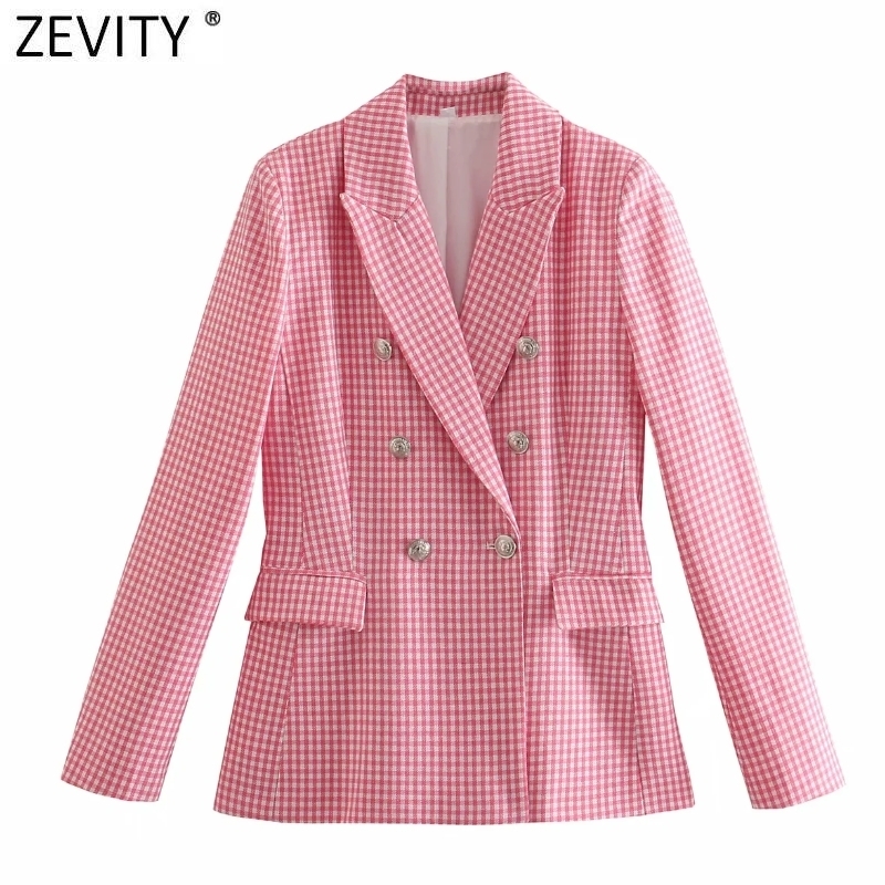 Women's Suits Blazers Zevity Women Vintage Green Pink Houndstooth Plaid Print Blazer Coat Office Ladies Double Breasted Outerwear Chic Slim Tops CT726 221110