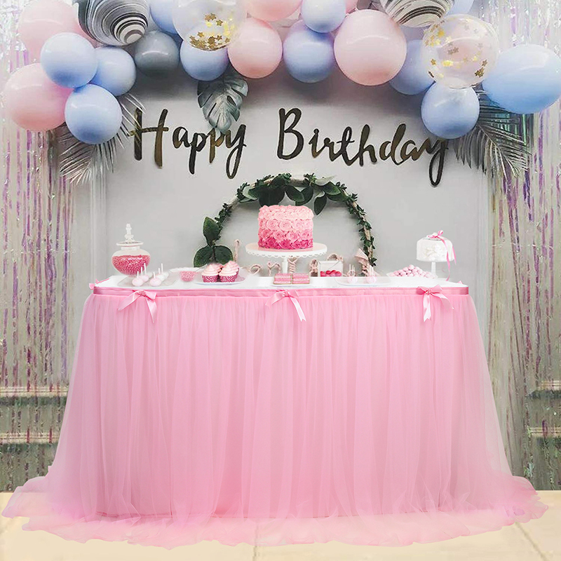 Jupe de Table en Tulle rose et blanc pour fête de mariage, décorations pour la maison, anniversaire, café, réception-cadeau pour bébé, 221109