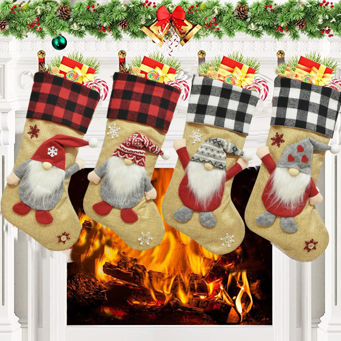 Świąteczne pończochy Spersonalizowane imienia Deer Gnome Santa Snowman Burlap Plaid Xmas Stocking Christmas Decoration Prezenty HH22-339