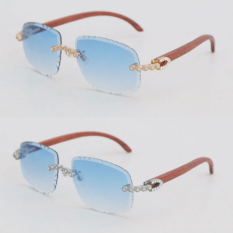 Designer Moissanite Diamond Set Rimless Sunglasses Womans Design Original Wood Men Glasses Oval Shape Face Carved lens Big Stones 2622