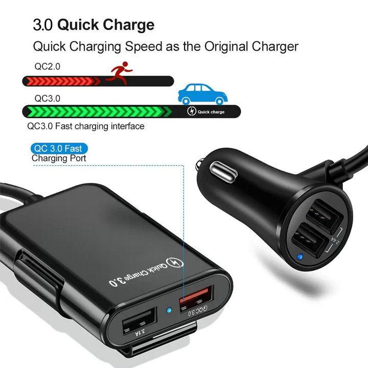Snabbbilladdare QC3.0 USB framsätesladdare 4 Port Mobiltelefon Fastladdadapter med förlängningssladd för Samsung LG