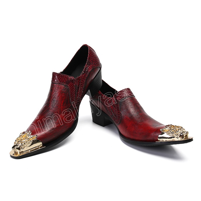 Fashion Golden Metal Toe Geothe Le cuir robe Shoes Men Handmade Men's Wine Red Party and Wedding Chaussures