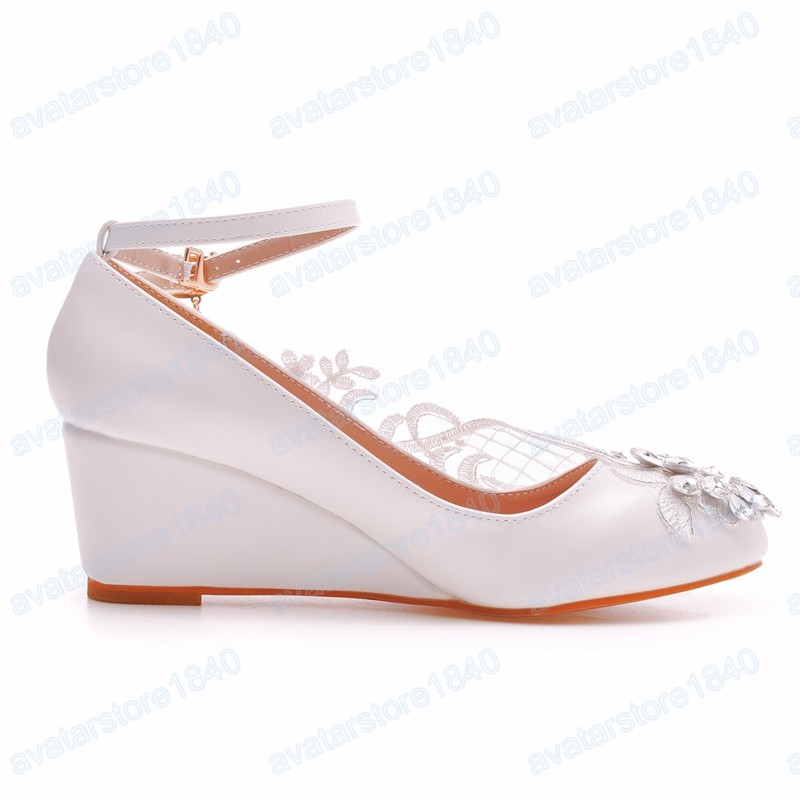 Mulheres shinestone White Lace Wedding Shoes Wedges 5 cm de altura Torno