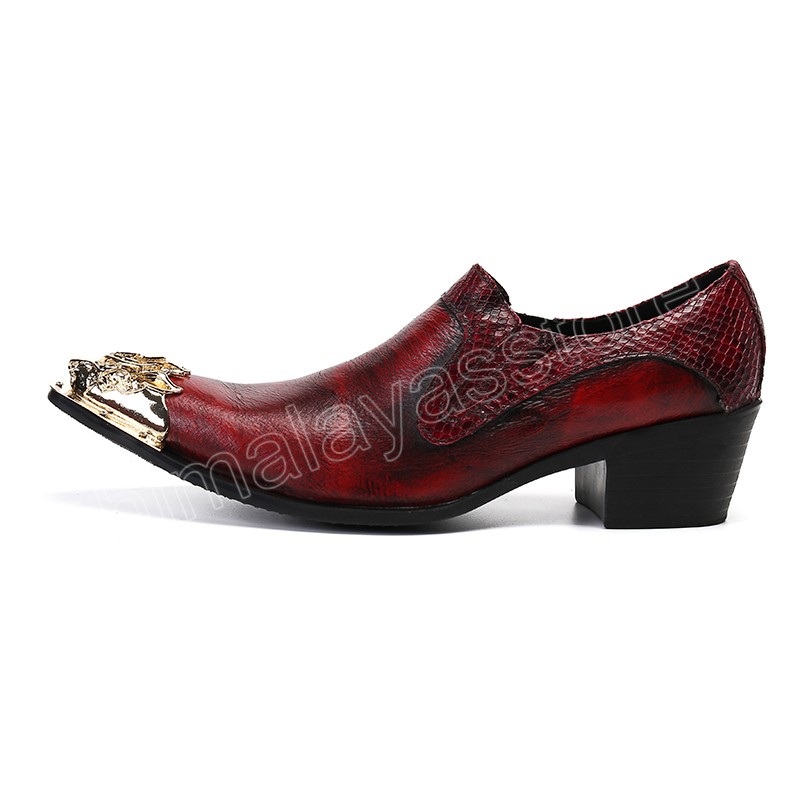 Fashion Golden Metal Toe Geothe Le cuir robe Shoes Men Handmade Men's Wine Red Party and Wedding Chaussures