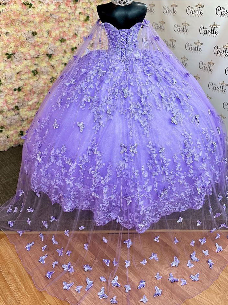 Lila lavendel prinses Quinceanera-jurken met wrap cape vlinder veter korset prom zoet 15 jurk Vestidos de 15 anos