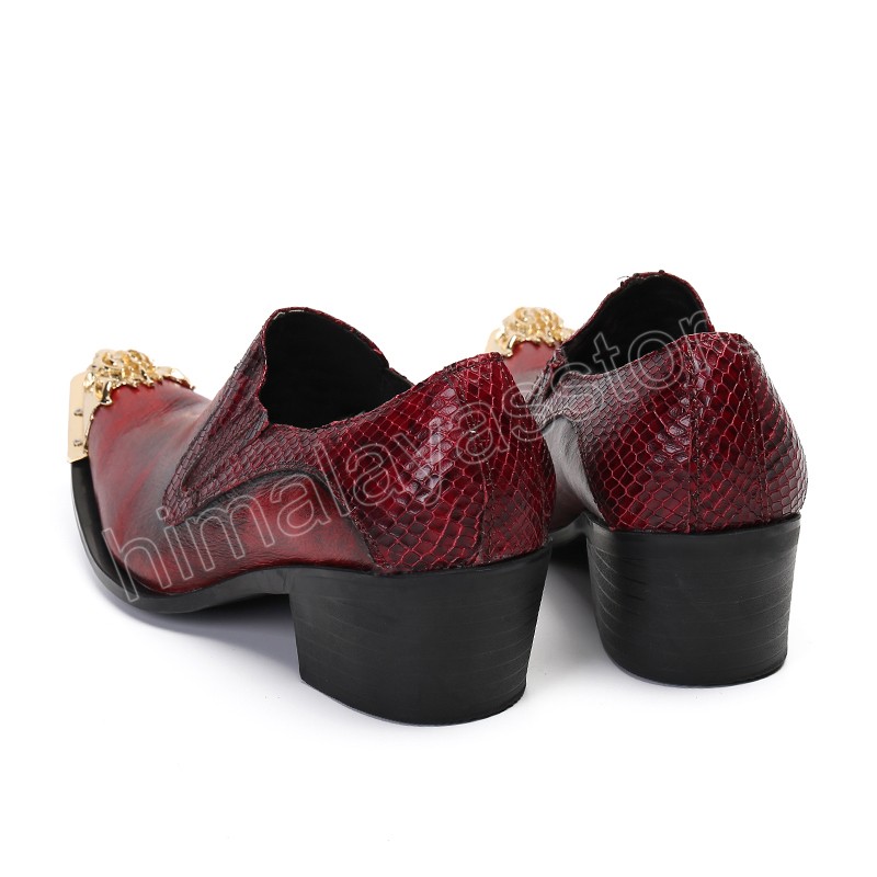 Fashion Golden Metal Toe Geothe Le cuir robe Shoes Men Handmade Men's Wine Red Party and Wedding Chaussures