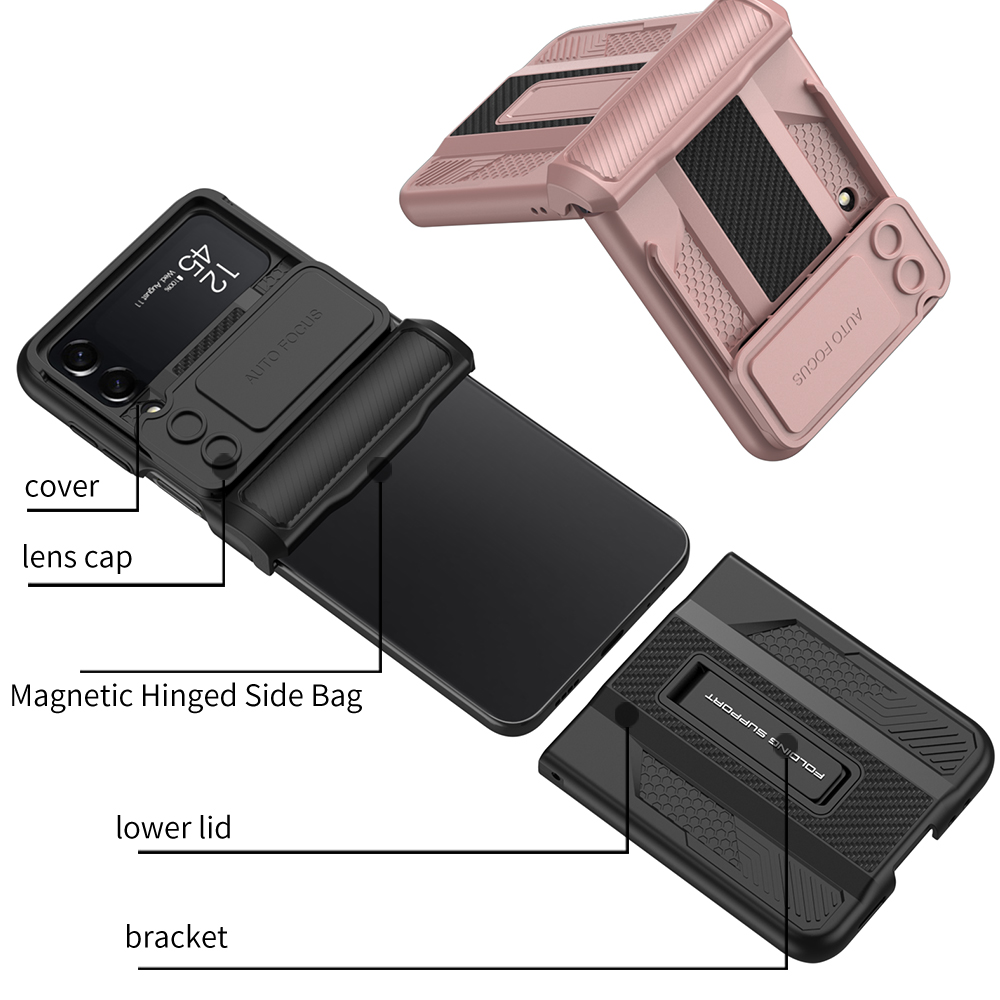 Magnetiska gångjärnsfodral för Samsung Galaxy Z Flip 4 Case Armor Holder Lens Stand Protection Cover