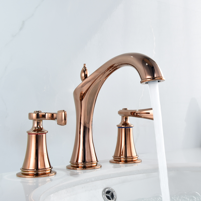 European-style basin hot and cold basin double split three-hole wash basin practical three-piece set brass faucets rose gold