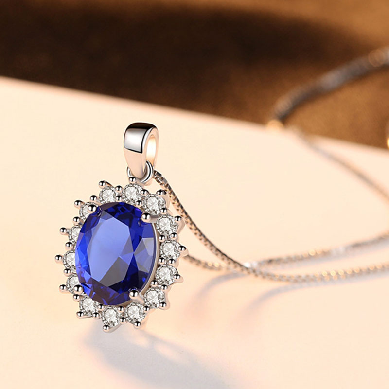 Collier de mariage en argent sterling 925 avec topaze bleue unique pour femme - Collier classique en diamant de forme ovale