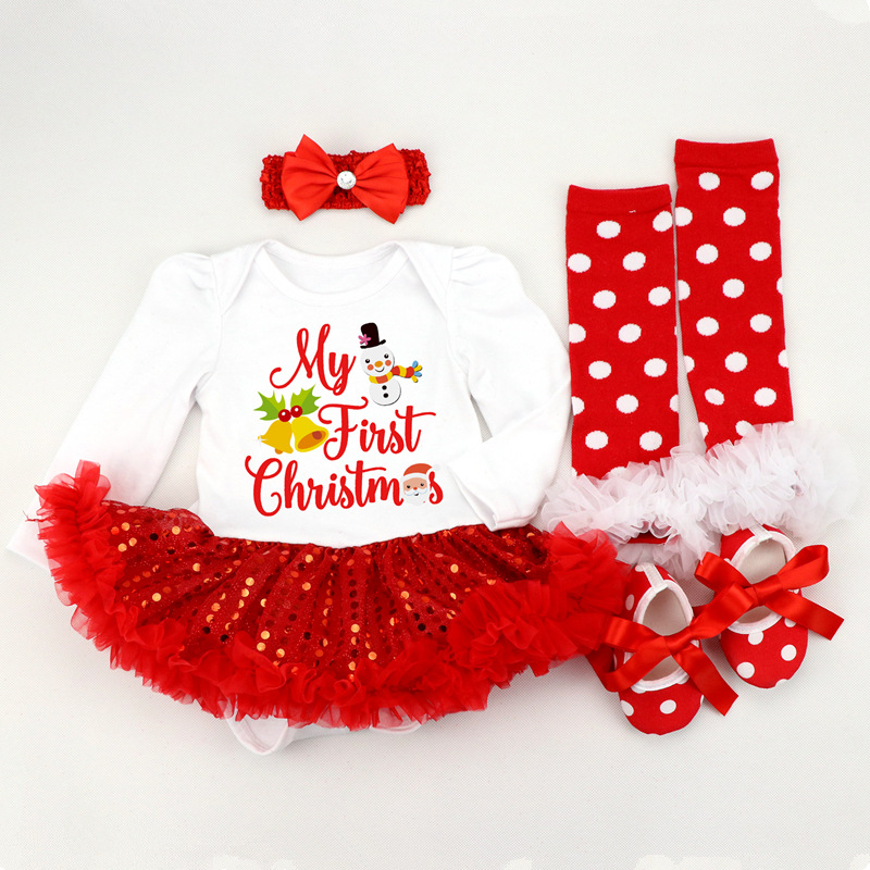 Il mio primo pagliaccetto di Natale 4 pezzi Vestiti neonate Tuta Pagliaccetto Fascia 0-24 M Età Ifant Toddler Abiti neonato Set ragazze