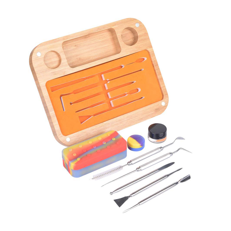 Accesorios Rosineer Bamboo Wax Organizer Kit con herramientas de acero inoxidable con frascos de bandeja de silicona estera antiadherente para tuber￭as de vidrio Bong de agua