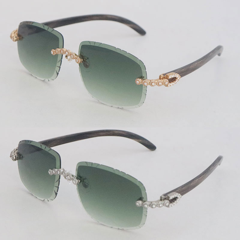 Luxury Moissanite Diamond Set Rimless Sunglasses Womans Original Marbled Black Buffalo Horn Men Vintage glasses 762 Carved lens Bi324H
