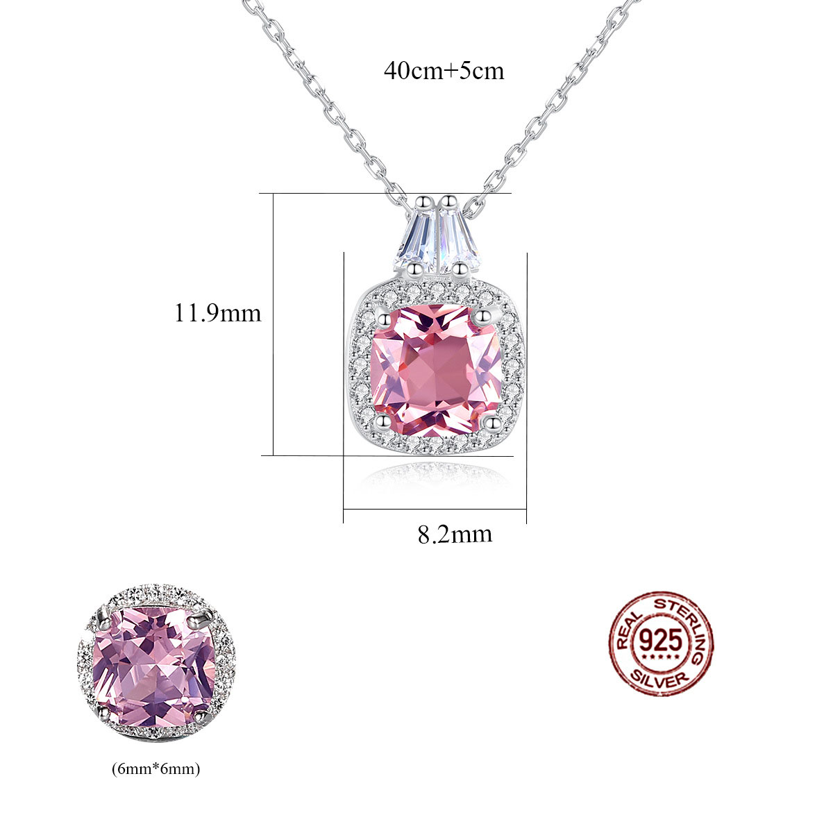 Collane con ciondolo quadrato in argento sterling 925 con catena a maglie regali da donna, gioielleria raffinata, collari con pietre preziose di morganite