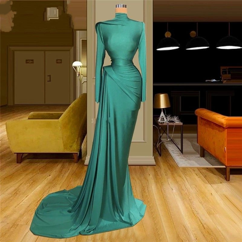Turquoise Arabic Aso Ebi Mermaid Evening Dresses High Collar Long Sleeves Simple Elegant Ruched Modern prom Formal Occasion Dress