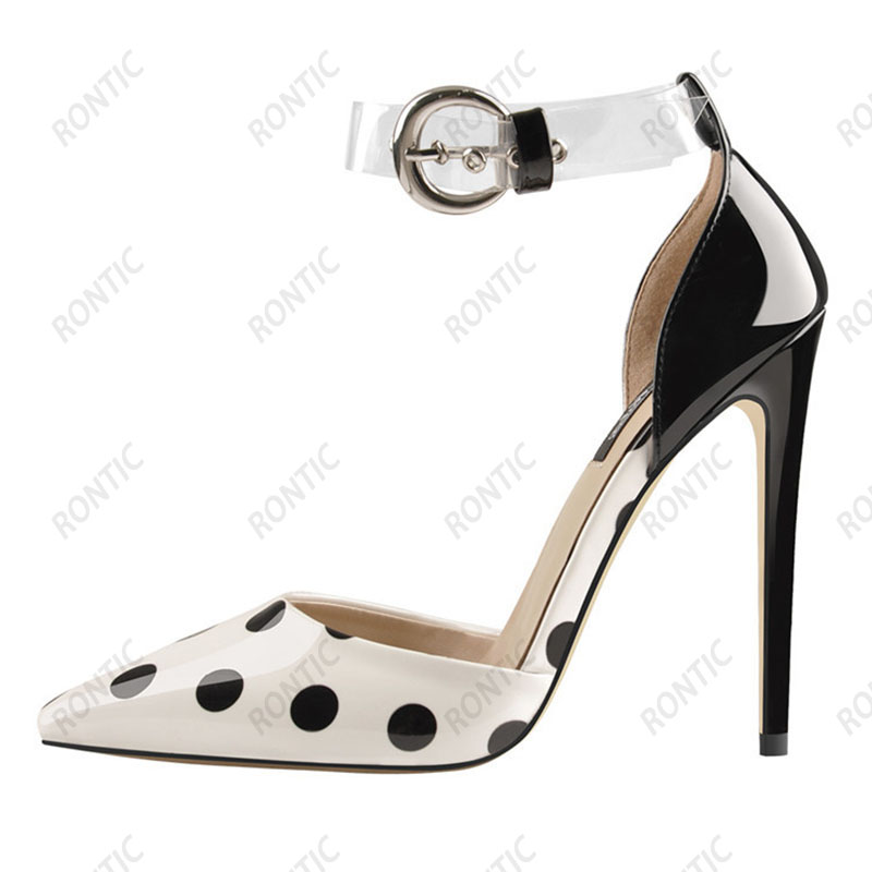 Sapatos femininos Rontic com bolinhas e fivela de couro envernizado com tiras salto agulha bico fino lindos sapatos sociais pretos tamanho 5-15