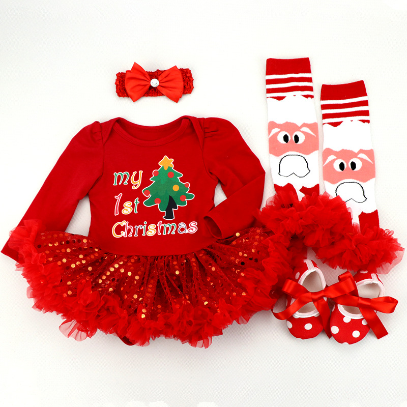 Il mio primo pagliaccetto di Natale 4 pezzi Vestiti neonate Tuta Pagliaccetto Fascia 0-24 M Età Ifant Toddler Abiti neonato Set ragazze