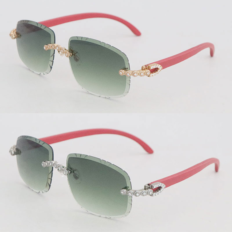 Selling Designer Moissanite Diamond Set Rimless Sunglasses Womans Red Wood Men glasses Oval shape face Carved lens Big Stones Vint234P