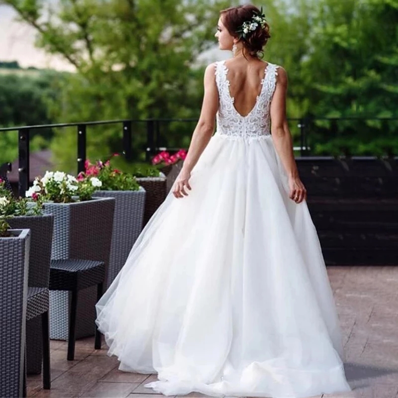 Image réelle élégante robe De mariée en dentelle sans manches col en v 2022 a-ligne Appliques robe De mariée Vestido De Novia