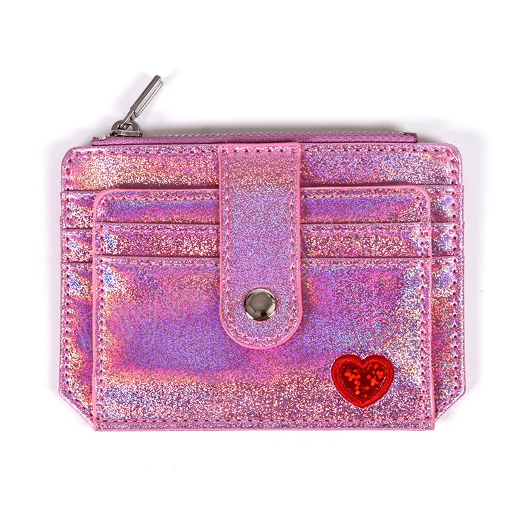 Mini lazer cüzdan parıltı şeffaf kalp nakış kadınları fermuarlı paralı çanta moda kimlik kartı tutucu bayan debriyaj