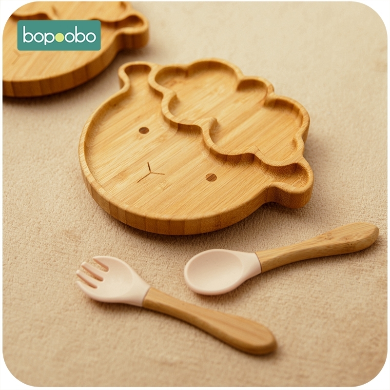 Koppar rätter redskap baby matning skål middag tallrik tecknad får bambu barn servis med silikon sugkopp trägaffel 221109