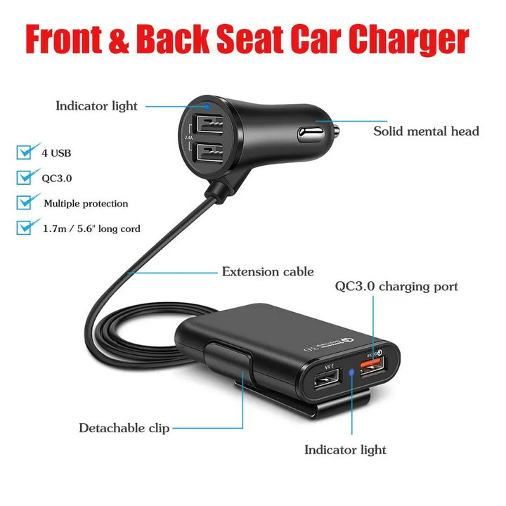 QC 3.0 شاحن السيارات متعدد 4 USB شاحن سيارة الشاحن الأمامي المقعد الخلفي 4 المنفذ محول شحن Quick Charge مع صندوق البيع بالتجزئة