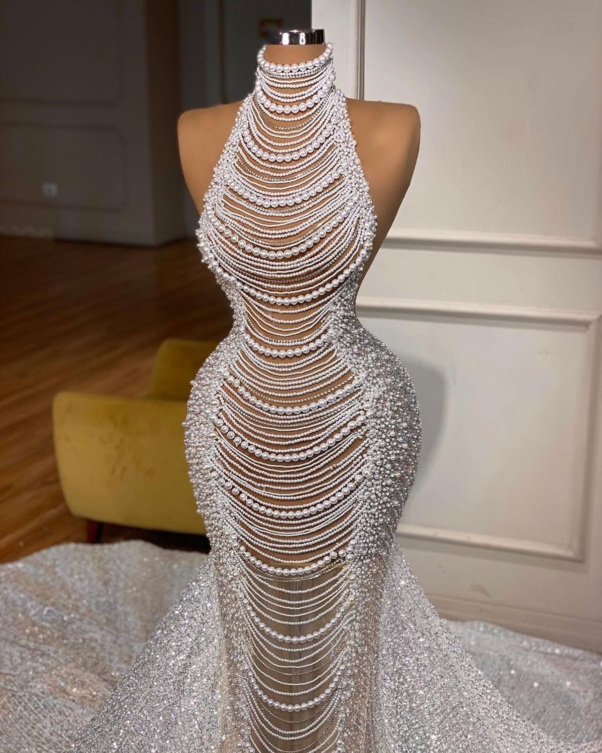 Saudi-Arabien Haute Couture Meerjungfrau Brautkleid Illusion voller glitzernder Perlen Perlen Brautkleider Braut Prinzessin Promi