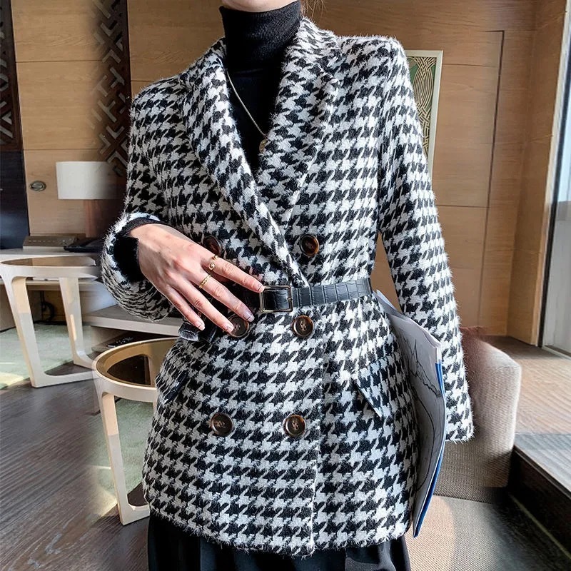 女性のウールブレンド冬のジャケット韓国バージョンウエストバッグハウンドストゥースウールコートスーツ厚くて緩んでいる221110