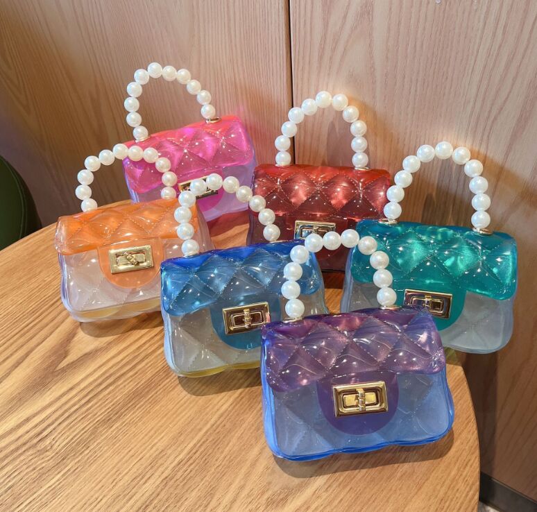 Kinderen Jelly Handtas PVC Kleine schouder Crossbody Tassen Fashion Mini Pearl Chain Lock Messenger Bag