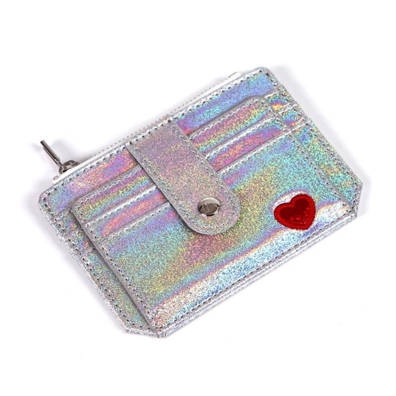 Mini carteira a laser glitter transparente bordado de cora￧￣o feminino z￭feminina moeda de moeda de moda de identifica￧￣o de cart￣o