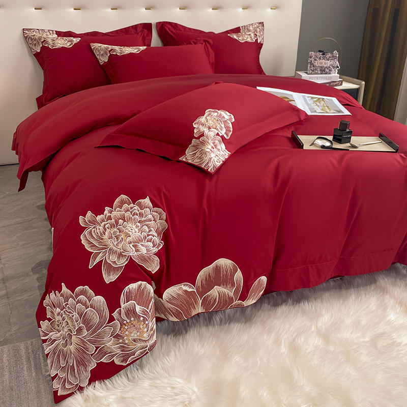 Ensemble de literie de luxe Style européen literie fleurs Art broderie 60S coton égyptien housse de couette drap de lit taies d'oreiller rouge pur mariage textile de maison