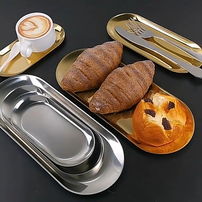 Kitchen Dishes Stainless Steel Oval Silver Gold Dining Plate Nut Fruit Cake Tray Jewelry Cosmetic Organizer