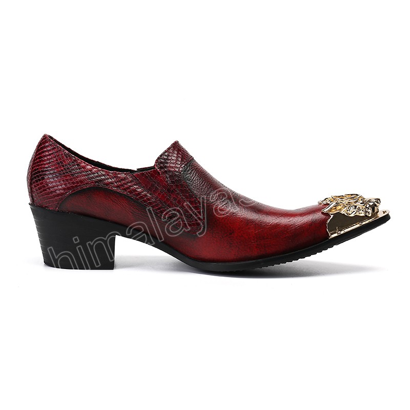 Fashion Golden Metal Toe Geothe Le cuir robe Shoes Men Handmade Men's Wine Red Party and Wedding Chaussures