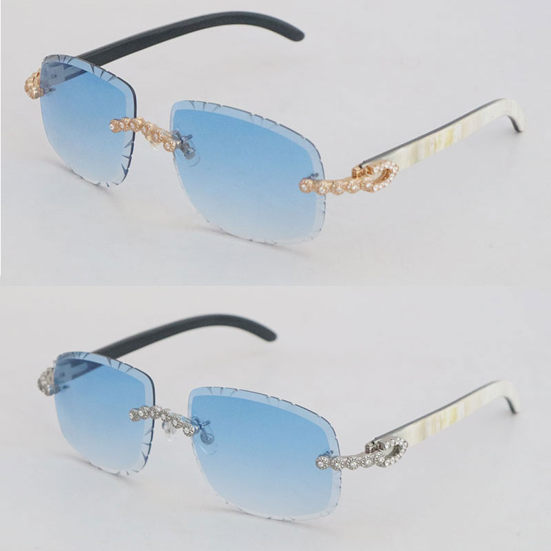 Luxe Moissanite Diamond Set Lunettes de soleil sans monture Femme Original Blanc Intérieur Noir Corne de Buffle Hommes Lunettes Vintage 8200762 Carve2554