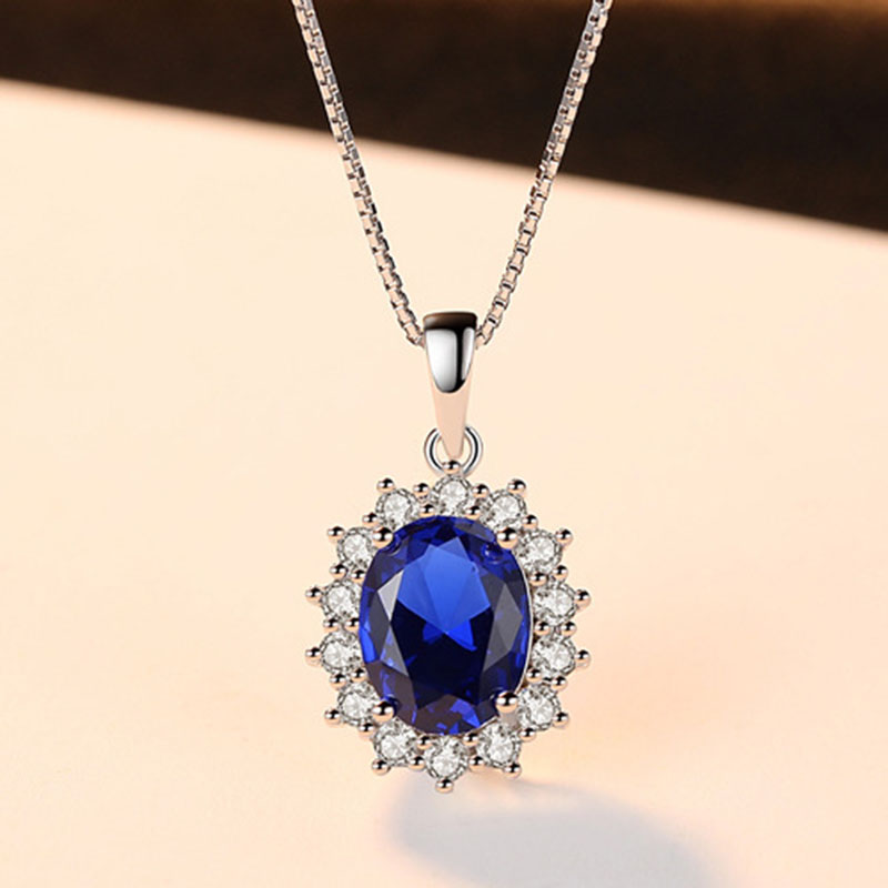 Kadınların eşsiz mavi topaz mücevher klasik 925 STERLING Gümüş Oval Şekli Elmas Düğün Kolye