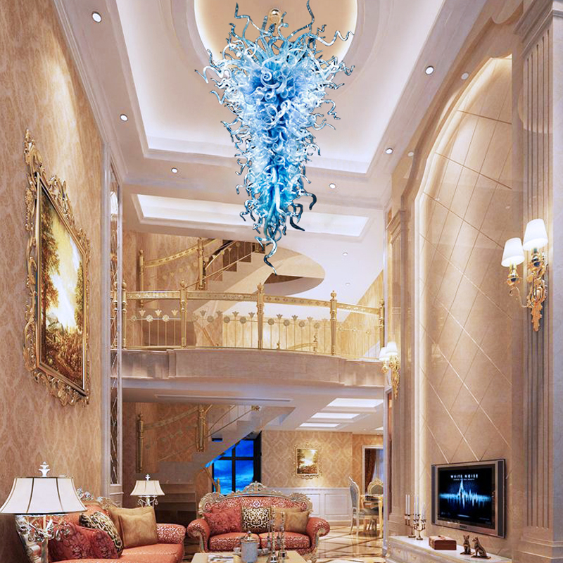 Klassiska handblåsta glaskronor pendellampor LED -lätta ljuskronor fixturer blå färg takbelysning fancy armaturer för sovrum hotell lobby dekor lr773