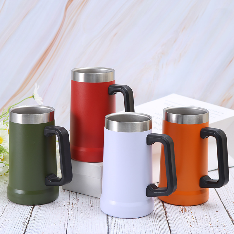 Tumbler de aço inoxidável de 24 onças com alça de grande capacidade Caneca de cerveja Copo de acampamento ao ar livre com pó sem tampa Tumblers isolados a vácuo