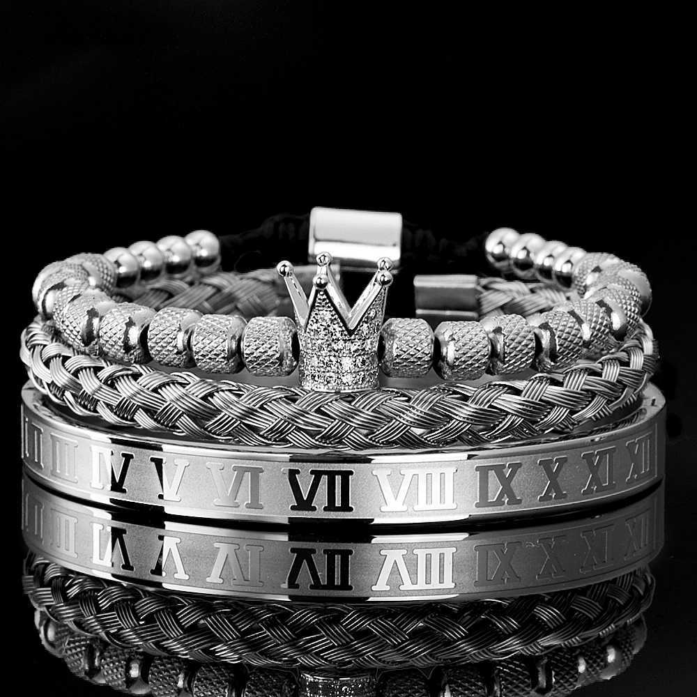 / set luxe micro pavé CZ couronne romaine charme royal hommes bracelets en acier inoxydable cristaux bracelets couple bijoux faits à la main cadeau261u