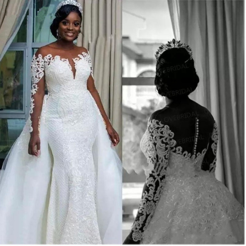 Vestidos de novia de sirena sudafricanos, falda desmontable, cuello transparente y hombros descubiertos, mangas largas, vestidos de boda nupciales