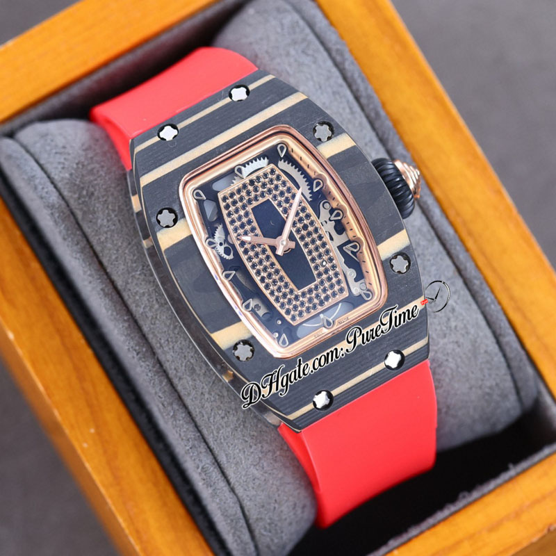 07-01 Углеродное волокно Miyota Автоматические женские часы Womens Watches Розовое золото Внутренний черный бриллиантский цифер