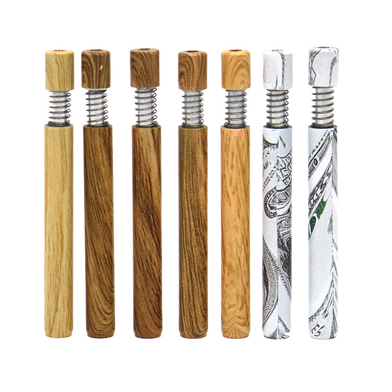 Derniers tuyaux de grain de bois en alliage d'aluminium coloré Porte-cigarette de tabac aux herbes sèches Fumer Portable Spring Catcher Taster Bat One Hitter Handpipes Tube DHL