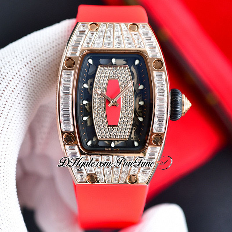 07-01 Baguette Diamonds Miyota Automatyczne panie zegarki damskie zegarki Rose Gold Diamond Black Cheleton Dial Red Rubber Super Edition 6 Style Pureteime B2